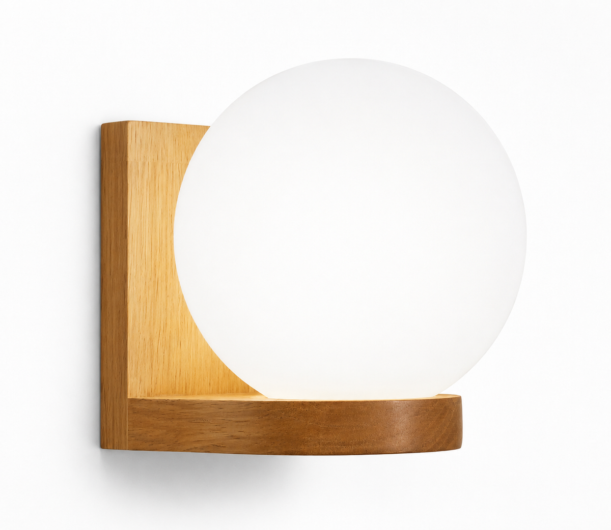 Applique murale ronde en verre blanc et bois naturel