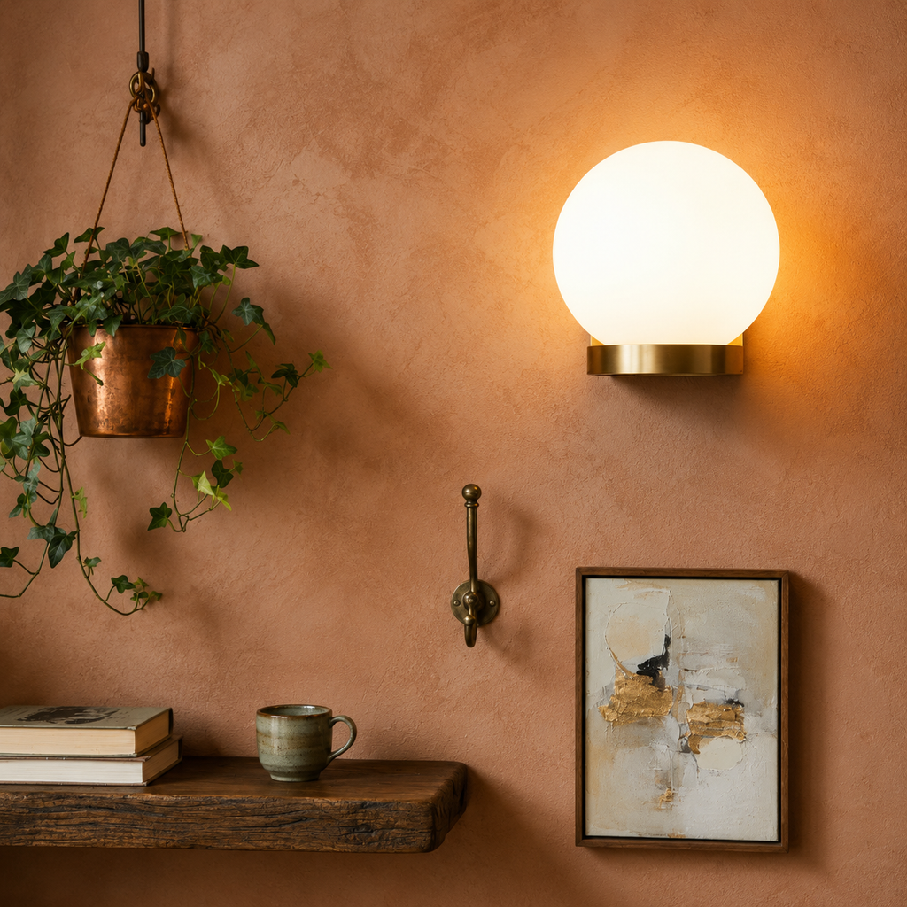 Applique murale ronde en verre blanc et bois naturel