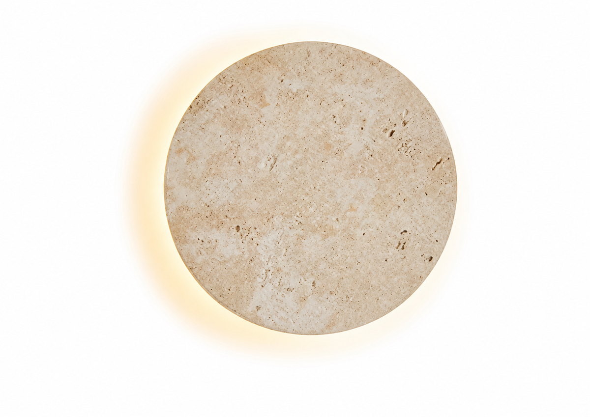 Applique murale ronde effet pierre beige avec éclairage indirect