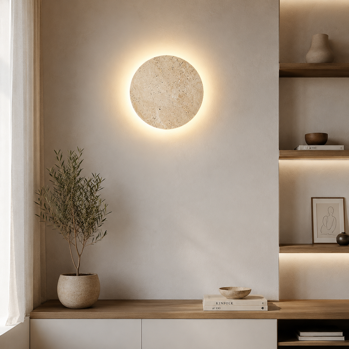 Applique murale ronde effet pierre beige avec éclairage indirect