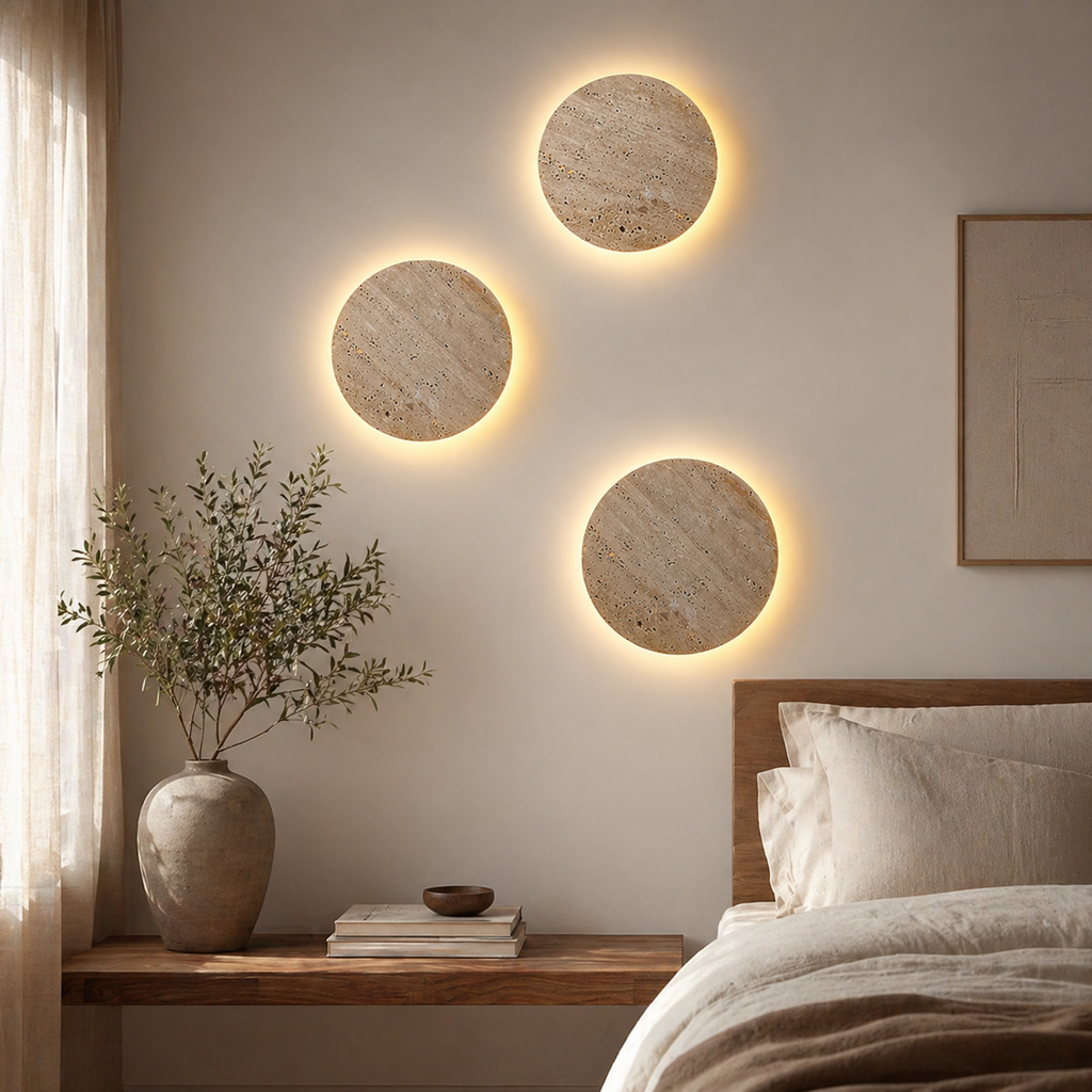 Applique murale ronde effet pierre beige avec éclairage indirect