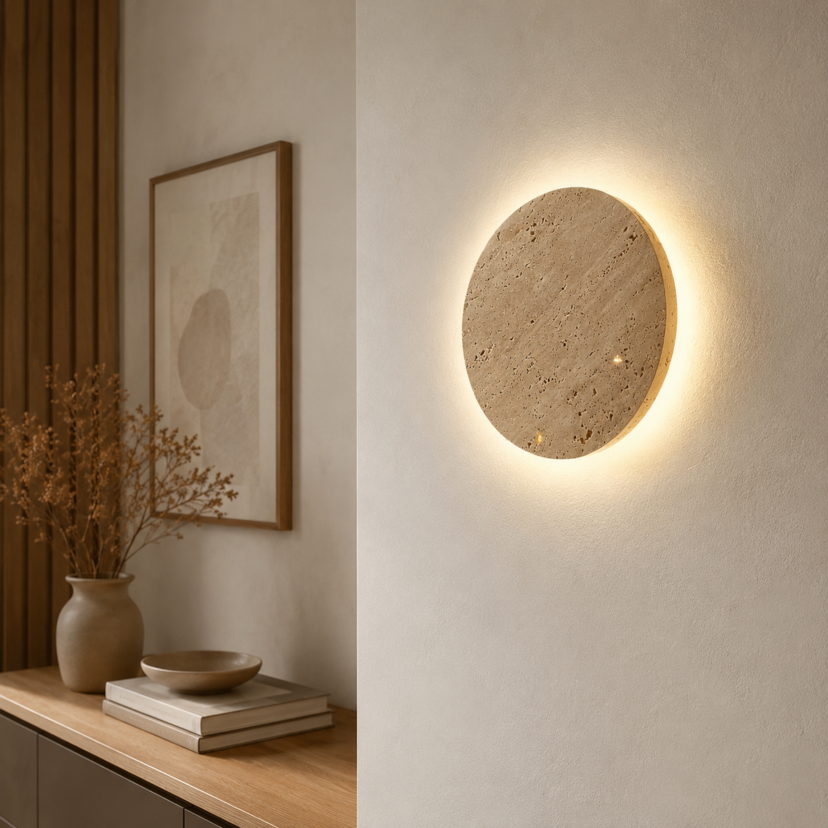 Applique murale ronde effet pierre beige avec éclairage indirect