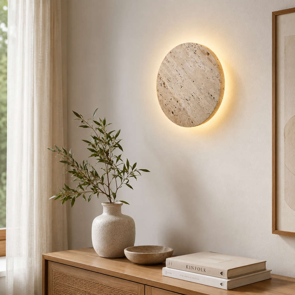 Applique murale ronde effet pierre beige avec éclairage indirect