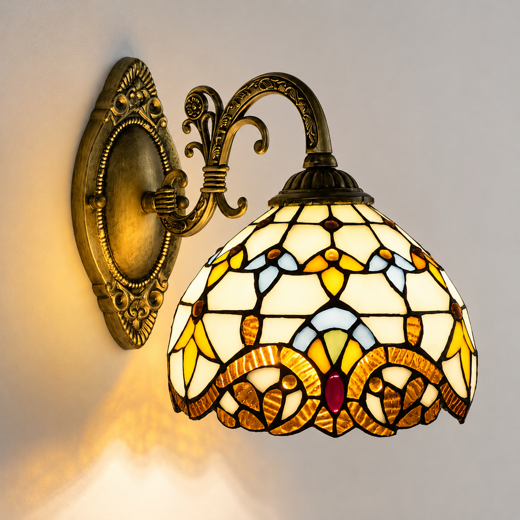 Applique murale style Tiffany en verre coloré et finition bronze